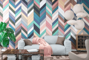 living room accent wall with wall tile, herringbone wall tile