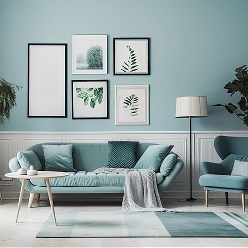 blue monochromatic living room with rug 