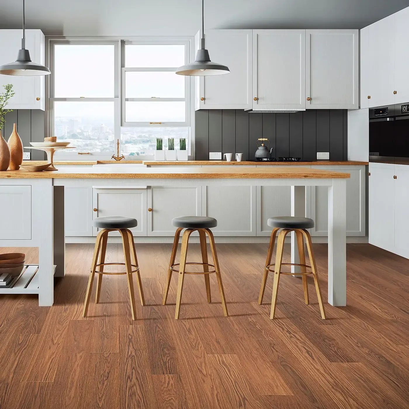 33612_03_room Mohawk Laminate in a rich reddish-brown wood color in a kitchen | The Floor Store