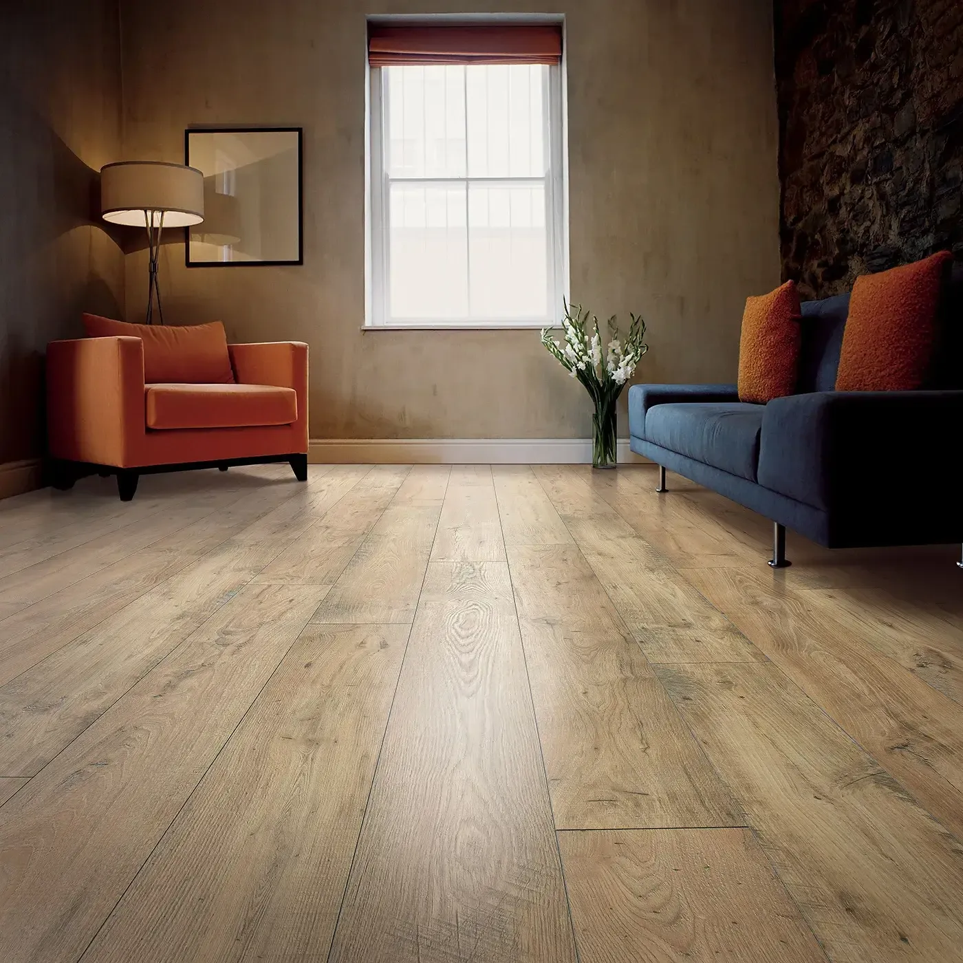 33633_01w_room Mohawk Laminate in a warm light brown wood tone in a living room | The Floor Store