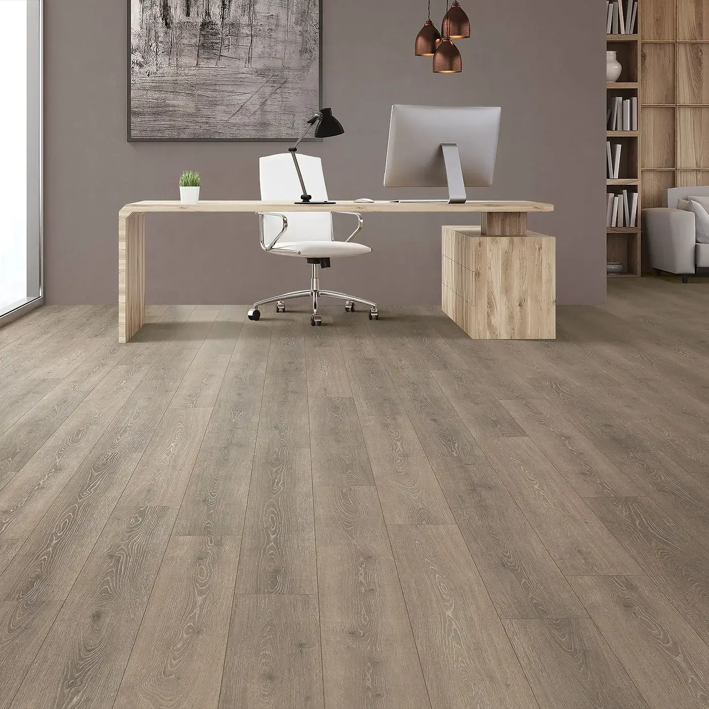33634_10W_room Mohawk Laminate in a gray-brown wood tone in a home office | The Floor Store