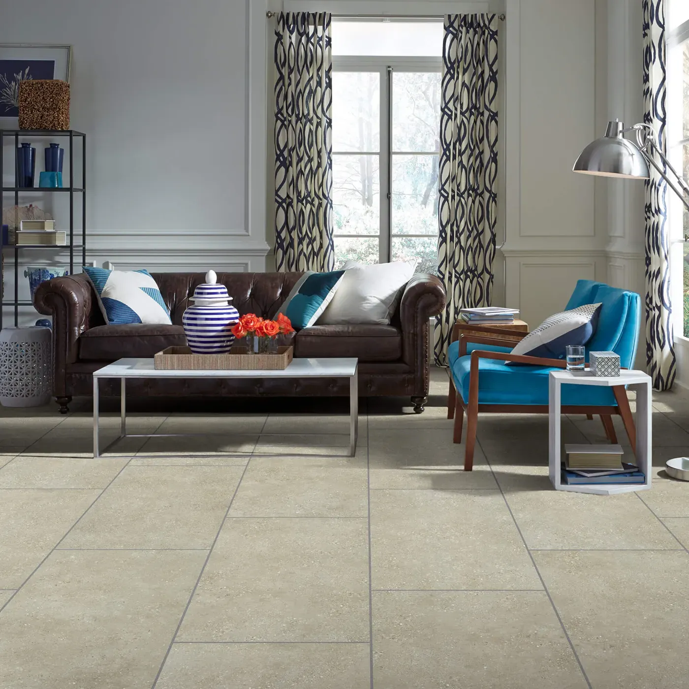 Crete-CS86Q-00200-Cafe-18x36-V Shaw Floors tile in a light beige cafe color, in a living room | The Floor Store