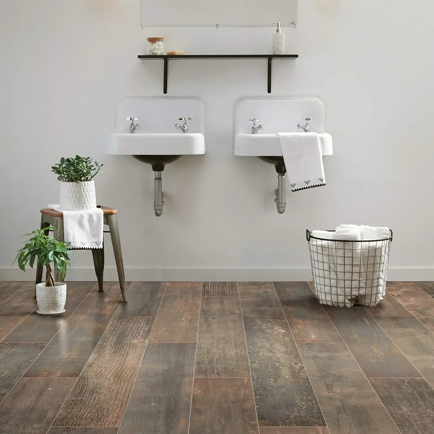 Emberwood-CS69Z-00719-Burned-7x47-8U396-RM-V Shaw Floors tile with a dark, burned wood look, in a bathroom | The Floor Store