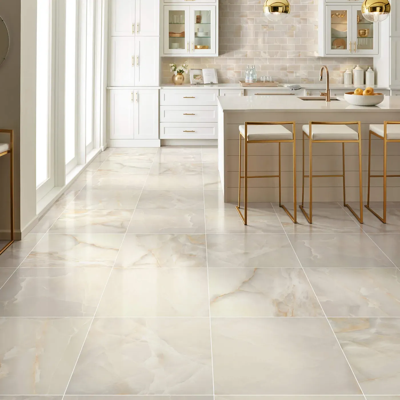 Gemstone-Polished-336TS-00200-Beige-24x24-BrickMosaic-RM-V Shaw Floors Beige polished tile with subtle veining in a white kitchen | The Floor Store