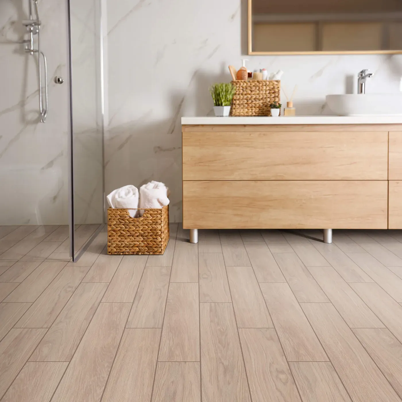 Moonstruck-401TS-00150-Ardor-6x36-RM-H Shaw Floors tile with a light wood look, in a modern bathroom | The Floor Store