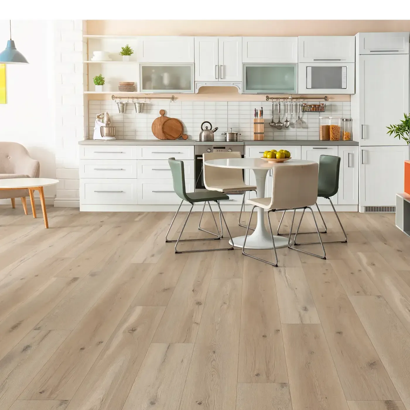 VV810_05028_ROOM COREtec Luxury Vinyl in a light blonde wood color in a kitchen | The Floor Store