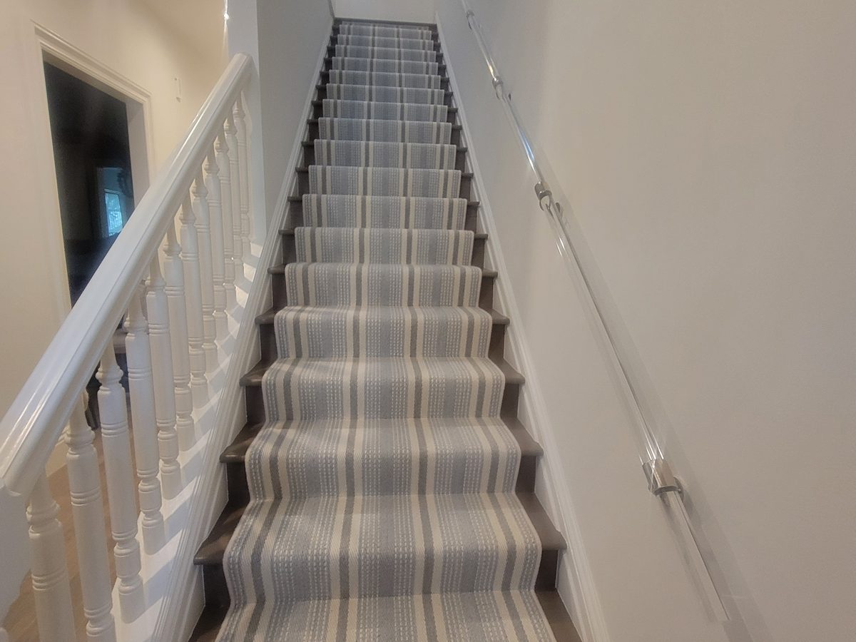 Patterned stair runner with centered blue stripe