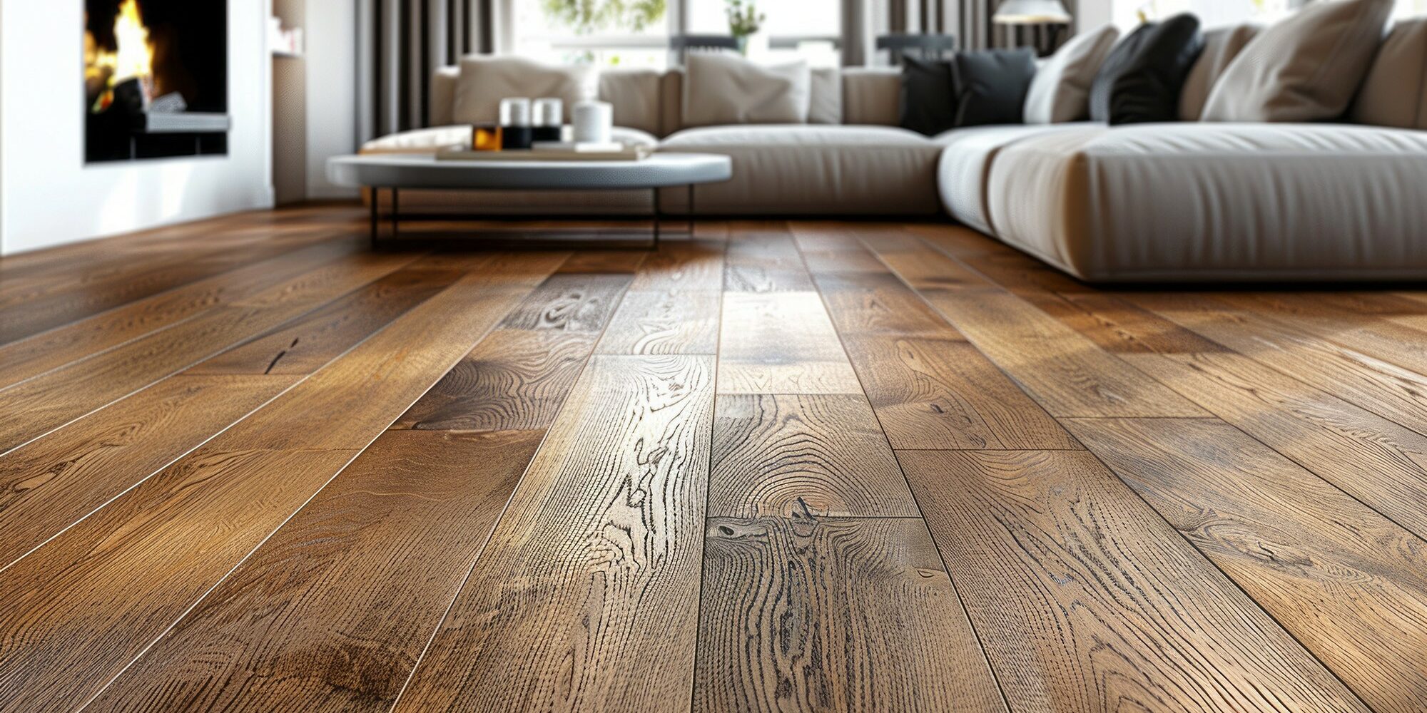 close up of textured hardwood with living room in background | The Floor Store